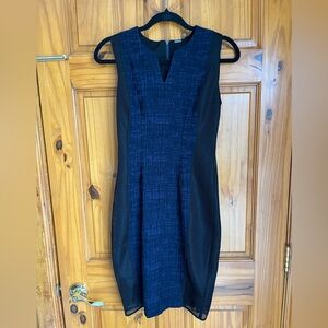 Elie Tahari Navy and Black V-Notch Midi Sheath Dress